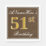 [ Thumbnail: Elegant Brown, Faux Gold 51st Birthday + Name Napkins ]