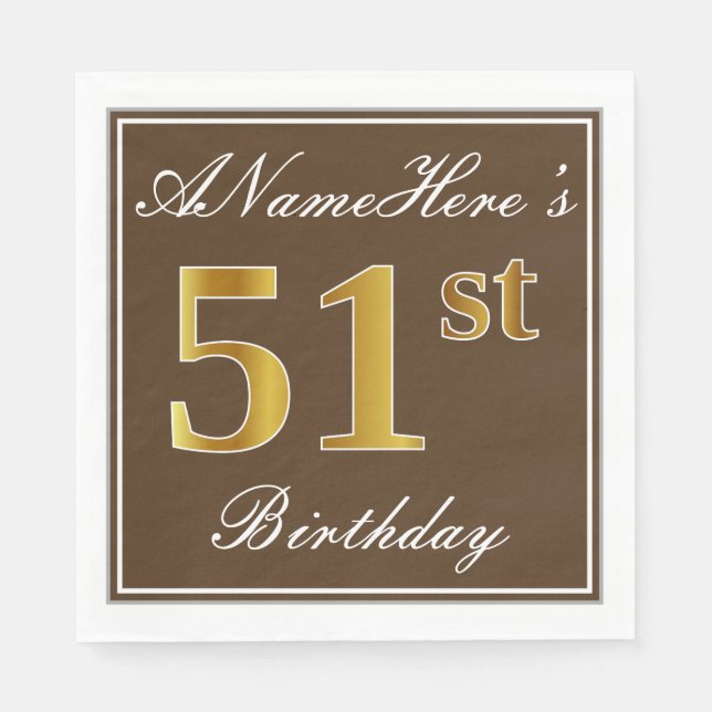 Elegant Brown, Faux Gold 51st Birthday + Name Napkins (Front)