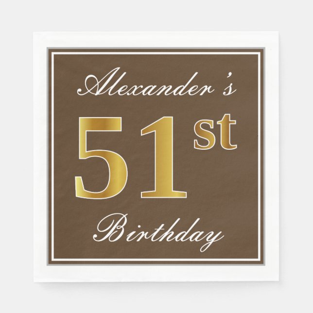 Elegant Brown, Faux Gold 51st Birthday + Name Napkins (Front)