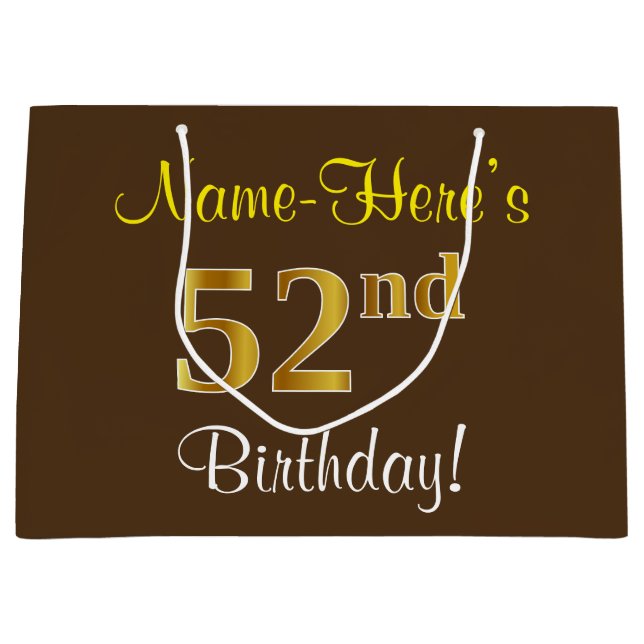 Elegant, Brown, Faux Gold 52nd Birthday + Name Large Gift Bag (Front)
