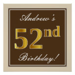 [ Thumbnail: Elegant, Brown, Faux Gold 52nd Birthday + Name Poster ]