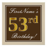 [ Thumbnail: Elegant, Brown, Faux Gold 53rd Birthday + Name Poster ]