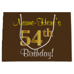 [ Thumbnail: Elegant, Brown, Faux Gold 54th Birthday + Name Gift Bag ]