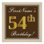 [ Thumbnail: Elegant, Brown, Faux Gold 54th Birthday + Name Poster ]