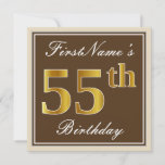 [ Thumbnail: Elegant, Brown, Faux Gold 55th Birthday + Name Invitation ]