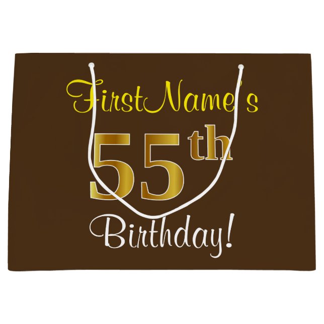 Elegant, Brown, Faux Gold 55th Birthday + Name Large Gift Bag (Front)