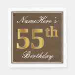 [ Thumbnail: Elegant Brown, Faux Gold 55th Birthday + Name Napkins ]