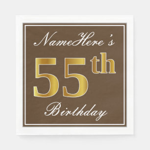 Elegant Brown, Faux Gold 55th Birthday + Name Paper Napkins