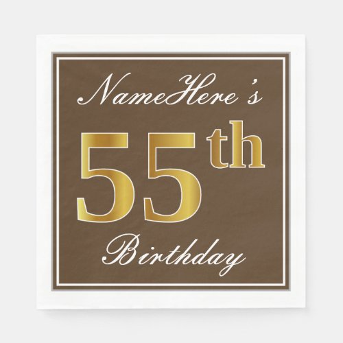 Elegant Brown Faux Gold 55th Birthday  Name Paper Napkins