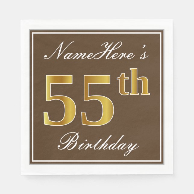Elegant Brown, Faux Gold 55th Birthday + Name Paper Napkins (Front)