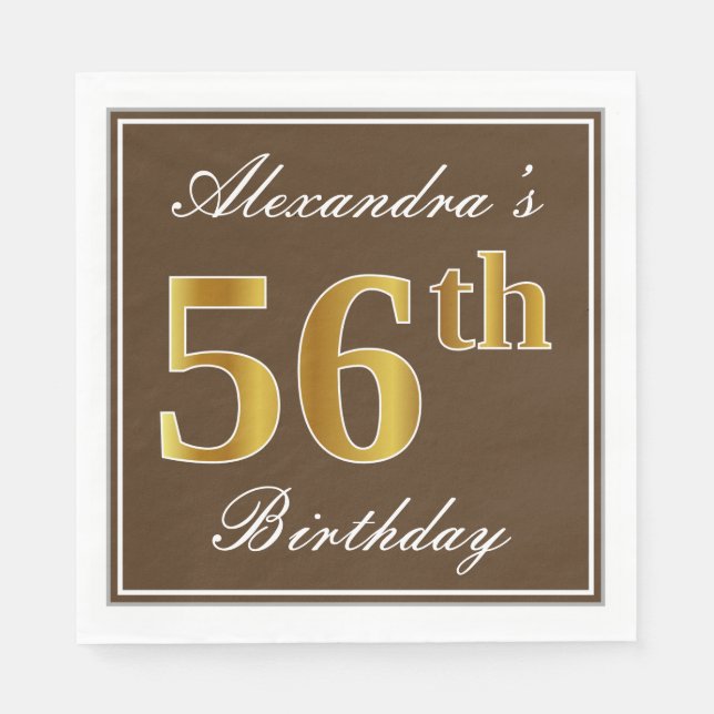 Elegant Brown, Faux Gold 56th Birthday + Name Napkins (Front)
