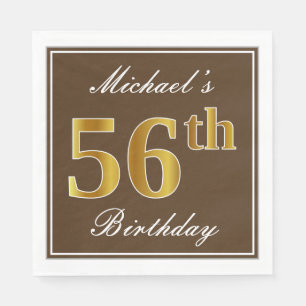 Elegant Brown, Faux Gold 56th Birthday + Name Napkins