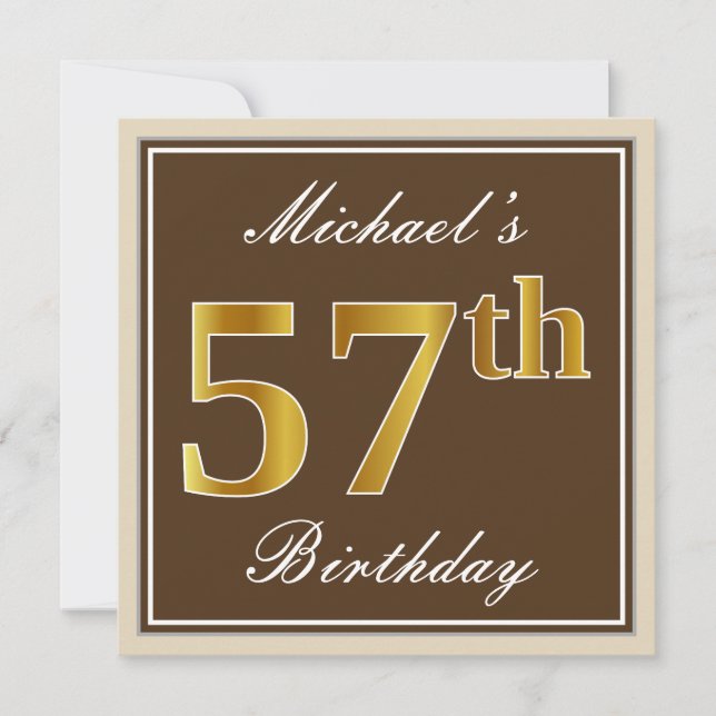 Elegant, Brown, Faux Gold 57th Birthday + Name Invitation (Front)
