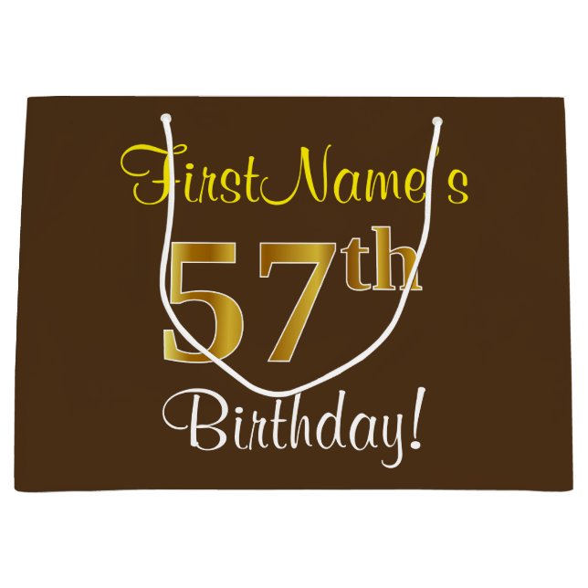 Elegant, Brown, Faux Gold 57th Birthday + Name Large Gift Bag (Front)