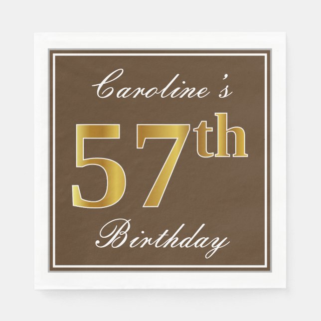 Elegant Brown, Faux Gold 57th Birthday + Name Napkins (Front)