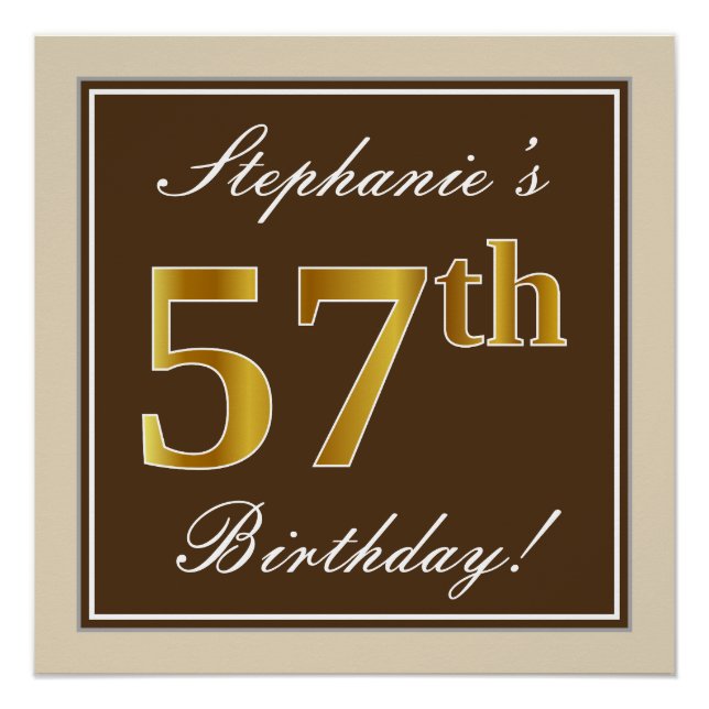 Elegant, Brown, Faux Gold 57th Birthday + Name Poster (Front)