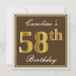 [ Thumbnail: Elegant, Brown, Faux Gold 58th Birthday + Name Invitation ]