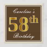 [ Thumbnail: Elegant, Brown, Faux Gold 58th Birthday + Name Invitation ]