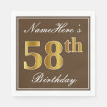 [ Thumbnail: Elegant Brown, Faux Gold 58th Birthday + Name Napkins ]
