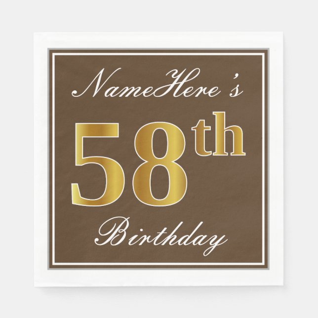 Elegant Brown, Faux Gold 58th Birthday + Name Napkins (Front)