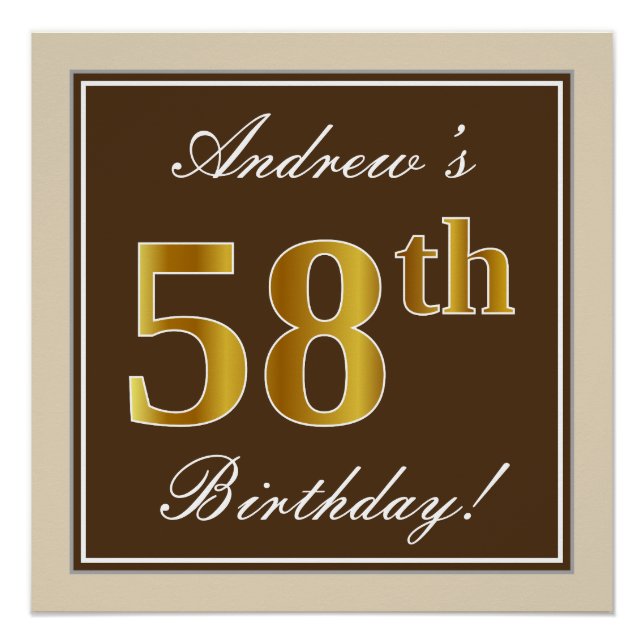 Elegant, Brown, Faux Gold 58th Birthday + Name Poster (Front)
