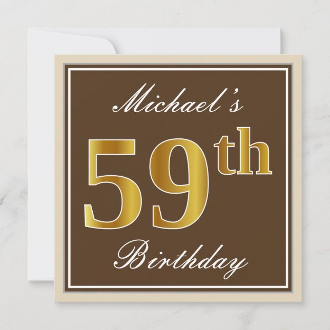 Elegant, Brown, Faux Gold 59th Birthday + Name Invitation (Front)