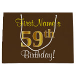 [ Thumbnail: Elegant, Brown, Faux Gold 59th Birthday + Name Gift Bag ]