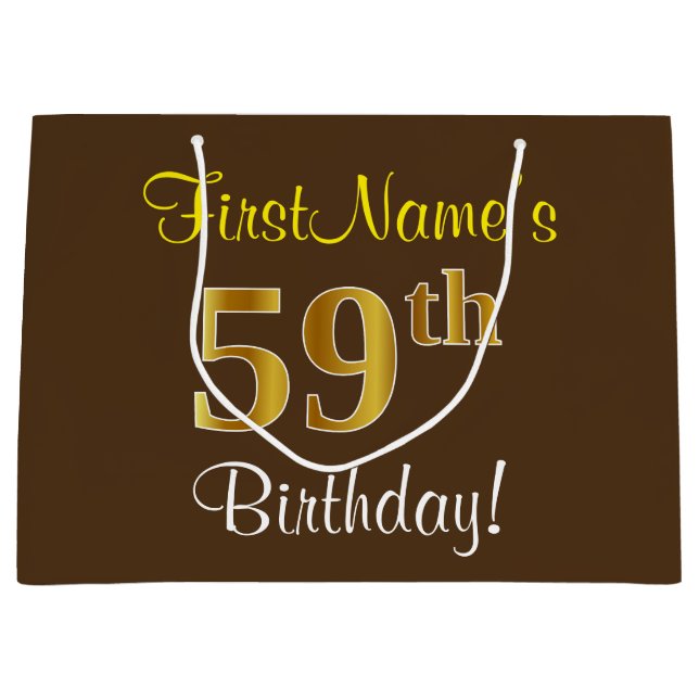 Elegant, Brown, Faux Gold 59th Birthday + Name Large Gift Bag (Front)