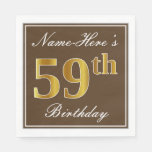 [ Thumbnail: Elegant Brown, Faux Gold 59th Birthday + Name Napkins ]