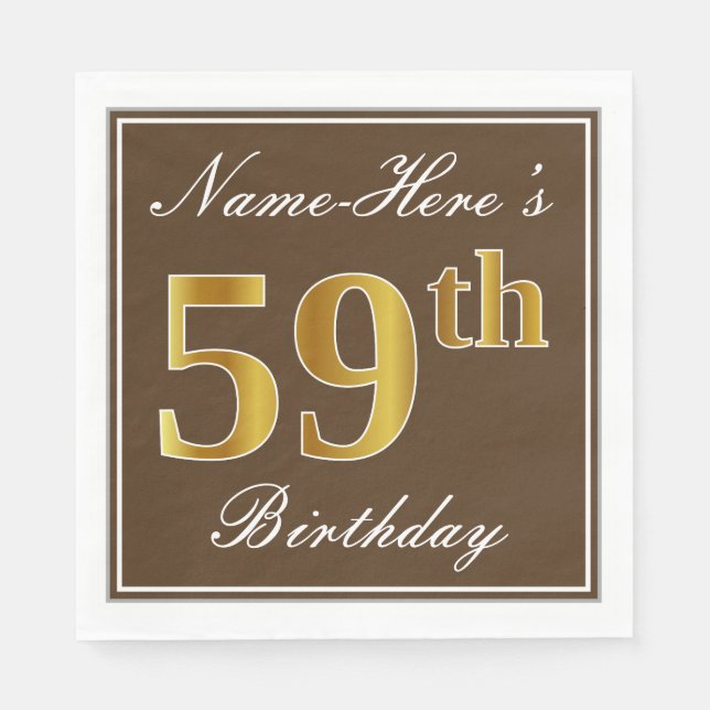 Elegant Brown, Faux Gold 59th Birthday + Name Napkins (Front)