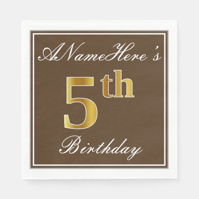 Elegant Brown, Faux Gold 5th Birthday; Custom Name Paper Napkins (Front)