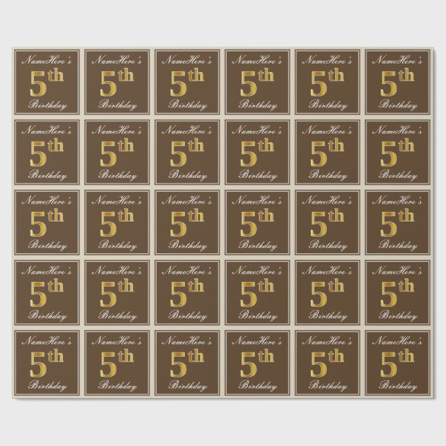 Elegant, Brown, Faux Gold 5th Birthday + Name Wrapping Paper (Flat)