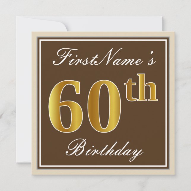Elegant, Brown, Faux Gold 60th Birthday + Name Invitation (Front)
