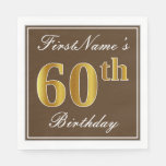 [ Thumbnail: Elegant Brown, Faux Gold 60th Birthday + Name Napkins ]