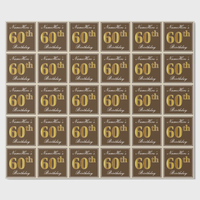 Elegant, Brown, Faux Gold 60th Birthday + Name Wrapping Paper (Flat)