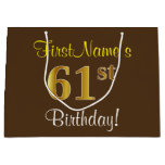 [ Thumbnail: Elegant, Brown, Faux Gold 61st Birthday + Name Gift Bag ]