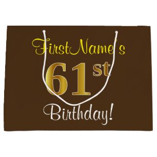 Elegant, Brown, Faux Gold 61st Birthday + Name Large Gift Bag