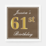 [ Thumbnail: Elegant Brown, Faux Gold 61st Birthday + Name Napkin ]