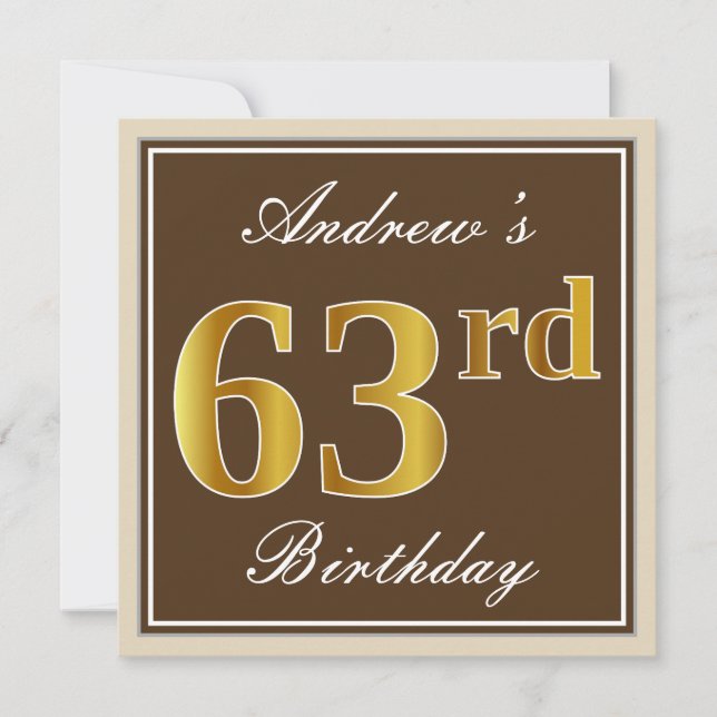 Elegant, Brown, Faux Gold 63rd Birthday + Name Invitation (Front)