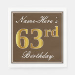 [ Thumbnail: Elegant Brown, Faux Gold 63rd Birthday + Name Napkins ]
