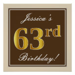 [ Thumbnail: Elegant, Brown, Faux Gold 63rd Birthday + Name Poster ]