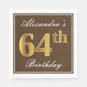 Elegant Brown, Faux Gold 64th Birthday + Name Napkins