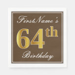 [ Thumbnail: Elegant Brown, Faux Gold 64th Birthday + Name Napkins ]