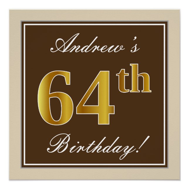 Elegant, Brown, Faux Gold 64th Birthday + Name Poster (Front)