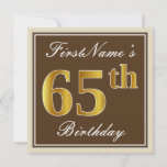 [ Thumbnail: Elegant, Brown, Faux Gold 65th Birthday + Name Invitation ]
