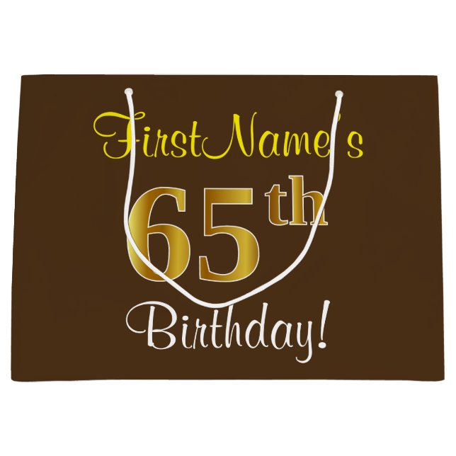Elegant, Brown, Faux Gold 65th Birthday + Name Large Gift Bag (Front)