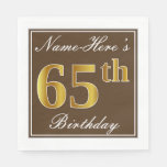 [ Thumbnail: Elegant Brown, Faux Gold 65th Birthday + Name Napkins ]