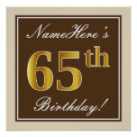 [ Thumbnail: Elegant, Brown, Faux Gold 65th Birthday + Name Poster ]