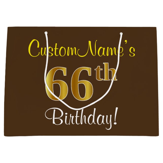 Elegant, Brown, Faux Gold 66th Birthday + Name Large Gift Bag (Front)