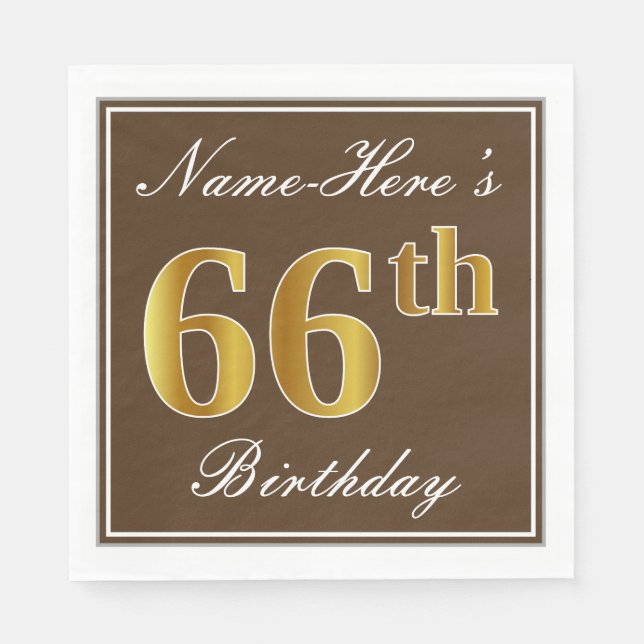 Elegant Brown, Faux Gold 66th Birthday + Name Paper Napkins (Front)